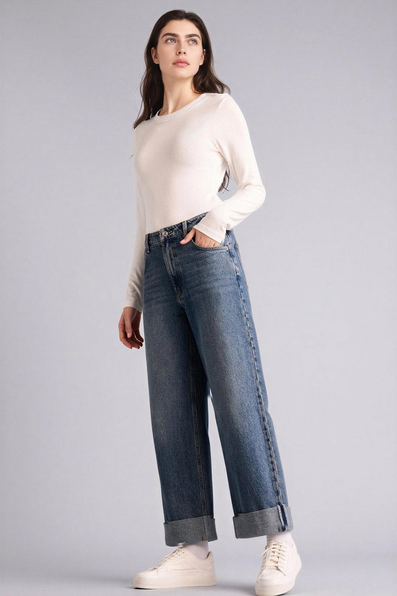 DeFacto Blue Woman Baggy Fit Folded Leg Denim Trousers Casual - Image 1